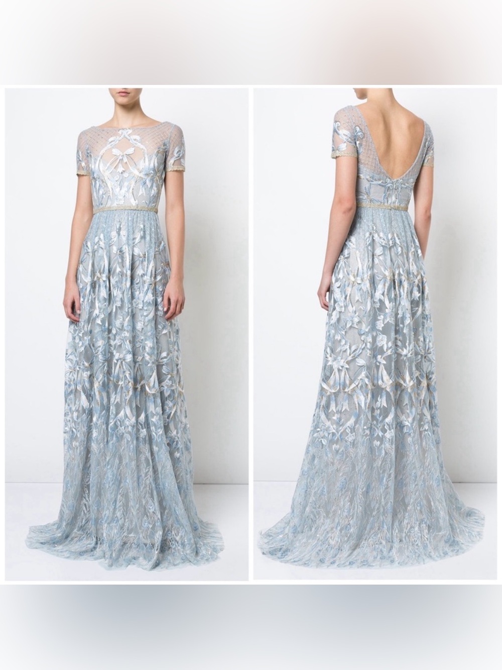 Marchesa Notte Light Blue Embroidered Plunge Back Gown with Metallic Lace Trim